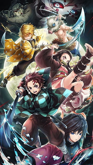 Demon Slayer Anime Group Art Featuring Tanjiro, Nezuko, Zenitsu, Inosuke, and Giyu in Dynamic Action Pose HD phone wallpaper