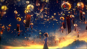 Anime Girl Releasing Glowing Lanterns and Floating Orbs into a Starry Twilight Sky HD wallpaper