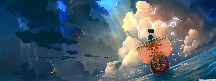 One Piece Thousand Sunny sailing through dramatic storm clouds and ocean waves HD wallpaper