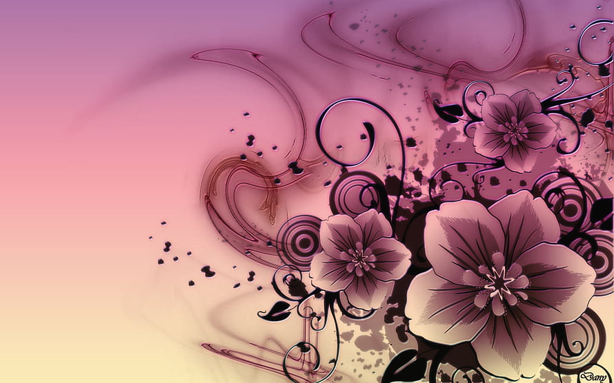 Elegant Pink Floral Swirls with Ink Splatter on Soft Gradient Background HD wallpaper