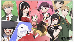 Spy x Family Character Group Illustration Featuring Anya, Loid, Yor, and Bond in a Vibrant Collage HD wallpaper