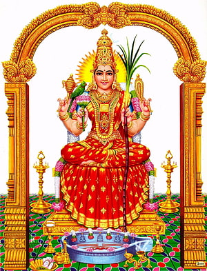 Kamakshi Amman Goddess in Red Saree Seated on Golden Throne with Ritual Offerings HD phone wallpaper