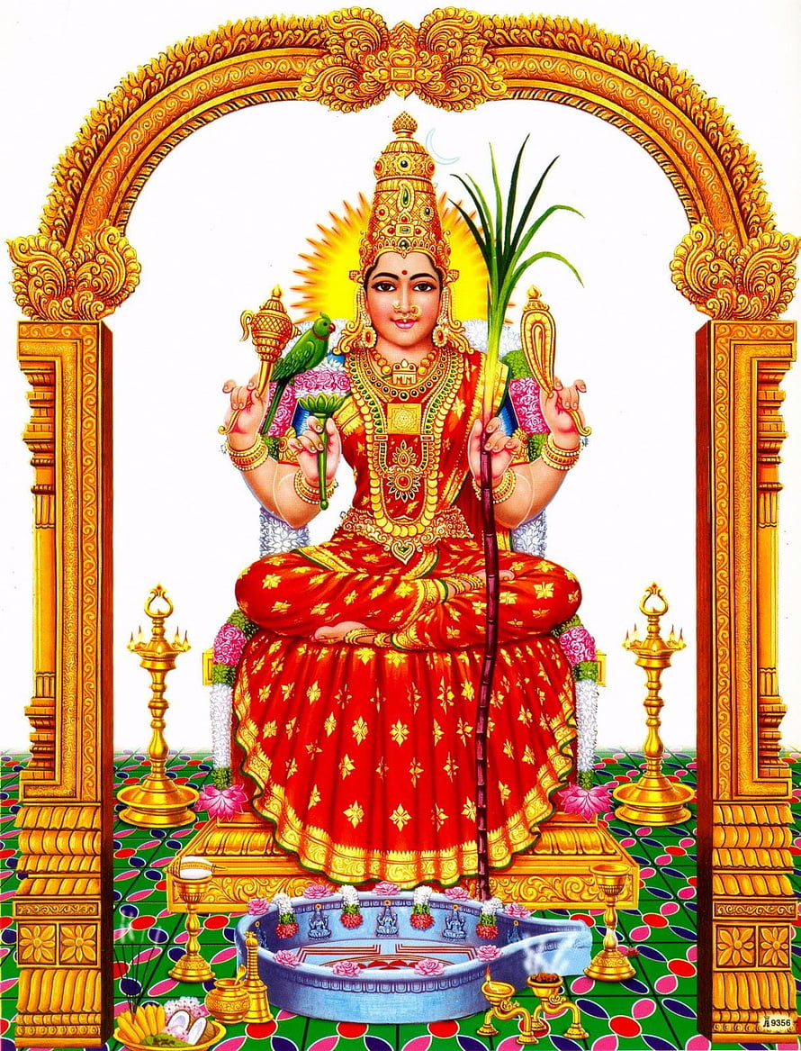 Kamakshi Amman Goddess in Red Saree Seated on Golden Throne with Ritual Offerings HD phone wallpaper