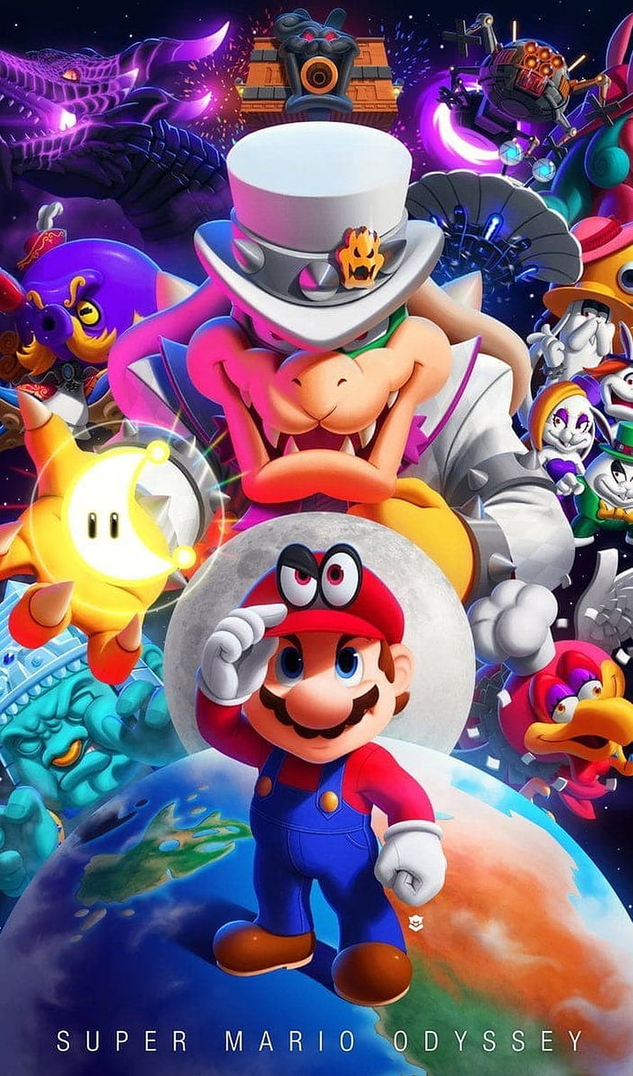 Super Mario Odyssey Key Art Featuring Mario and Bowser in Vibrant 3D Style HD phone wallpaper