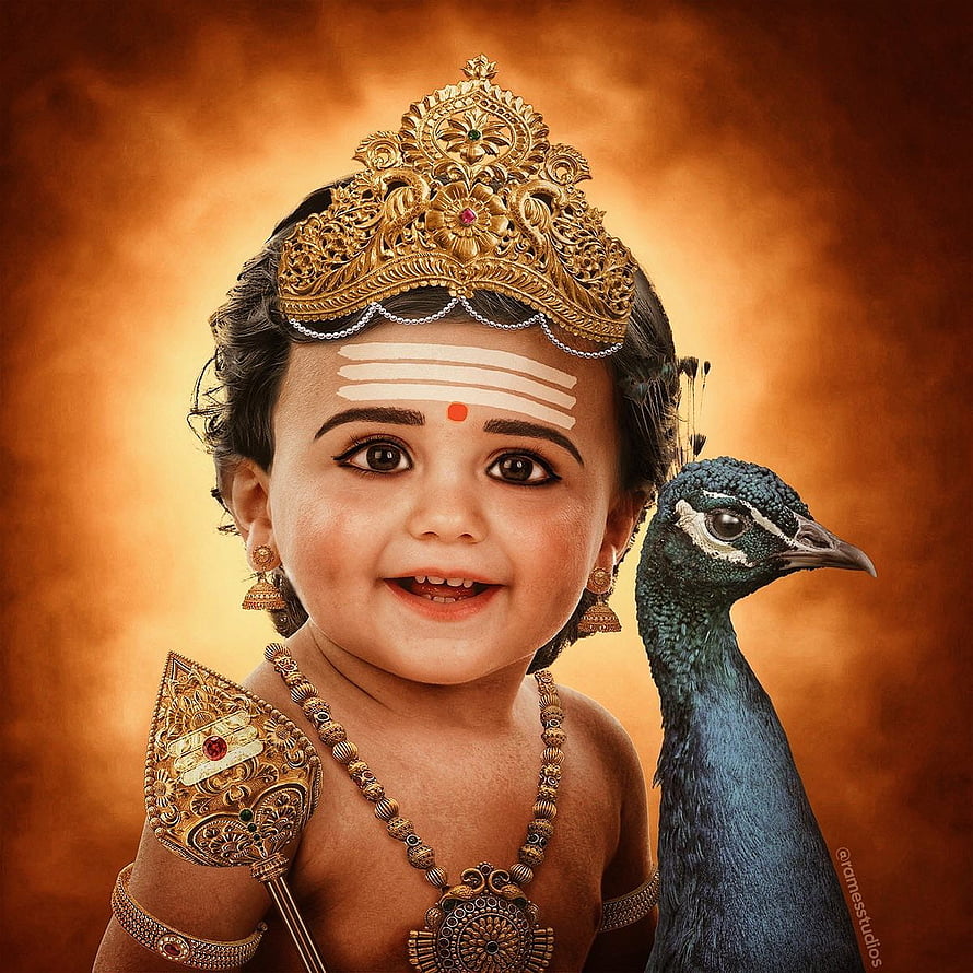 Baby Lord Murugan with Peacock and Golden Crown in Traditional Indian Artwork HD phone wallpaper