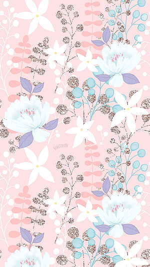 Pastel Watercolor Floral Pattern with Glitter Accents and Soft Pink Background HD phone wallpaper