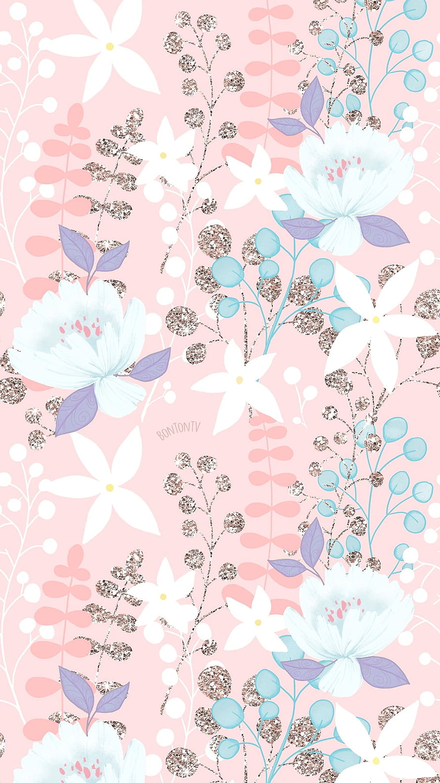 Pastel Watercolor Floral Pattern with Glitter Accents and Soft Pink Background HD phone wallpaper