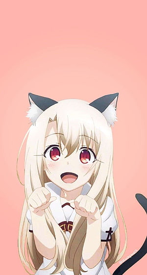 Cute Anime Cat Girl with Blonde Hair and Red Eyes in White Outfit HD phone wallpaper