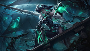 Miss Fortune from League of Legends on a dark pirate ship with glowing green energy HD wallpaper