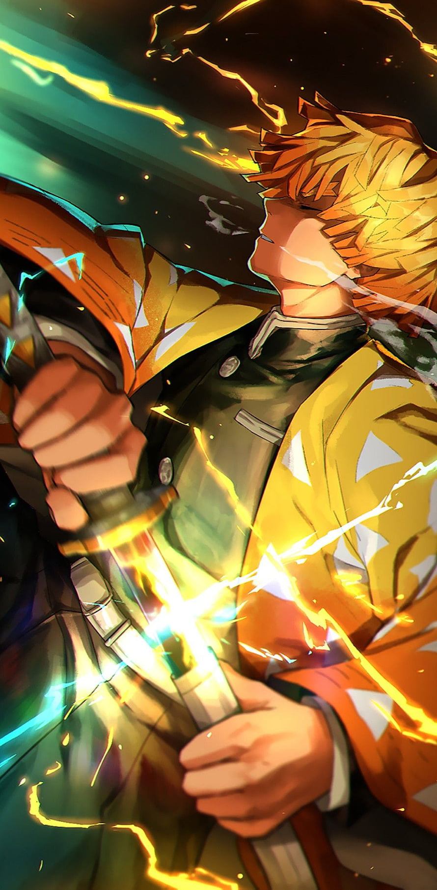 Zenitsu Agatsuma from Demon Slayer Wielding Glowing Sword in Dynamic Anime Art HD phone wallpaper