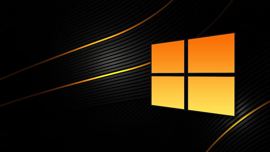 Windows 10 Orange Logo on Black Background with Golden Curved Lines HD wallpaper