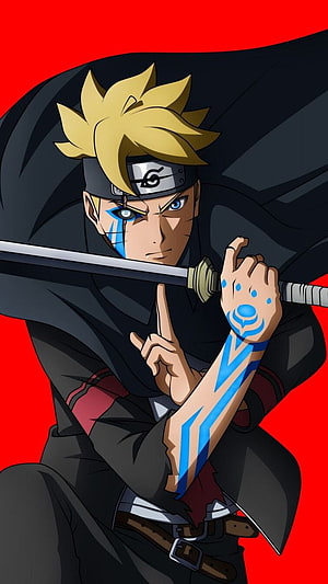 Kawaki from Boruto in Black Cloak with Blue Markings and Sword HD phone wallpaper