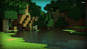 Minecraft Forest Landscape with Water and Sheep in Blocky Terrain HD wallpaper