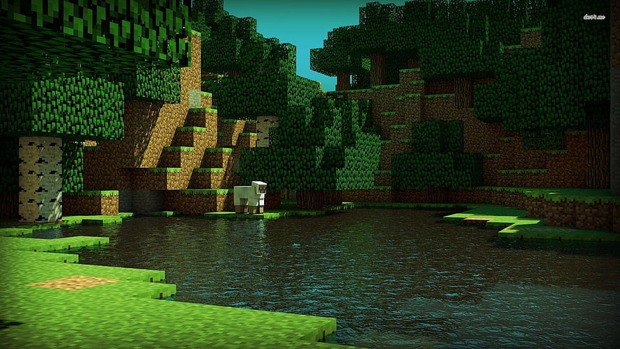 Minecraft Forest Landscape with Water and Sheep in Blocky Terrain HD wallpaper