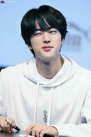 BTS Jin Winking in White Hoodie at Fan Event HD phone wallpaper