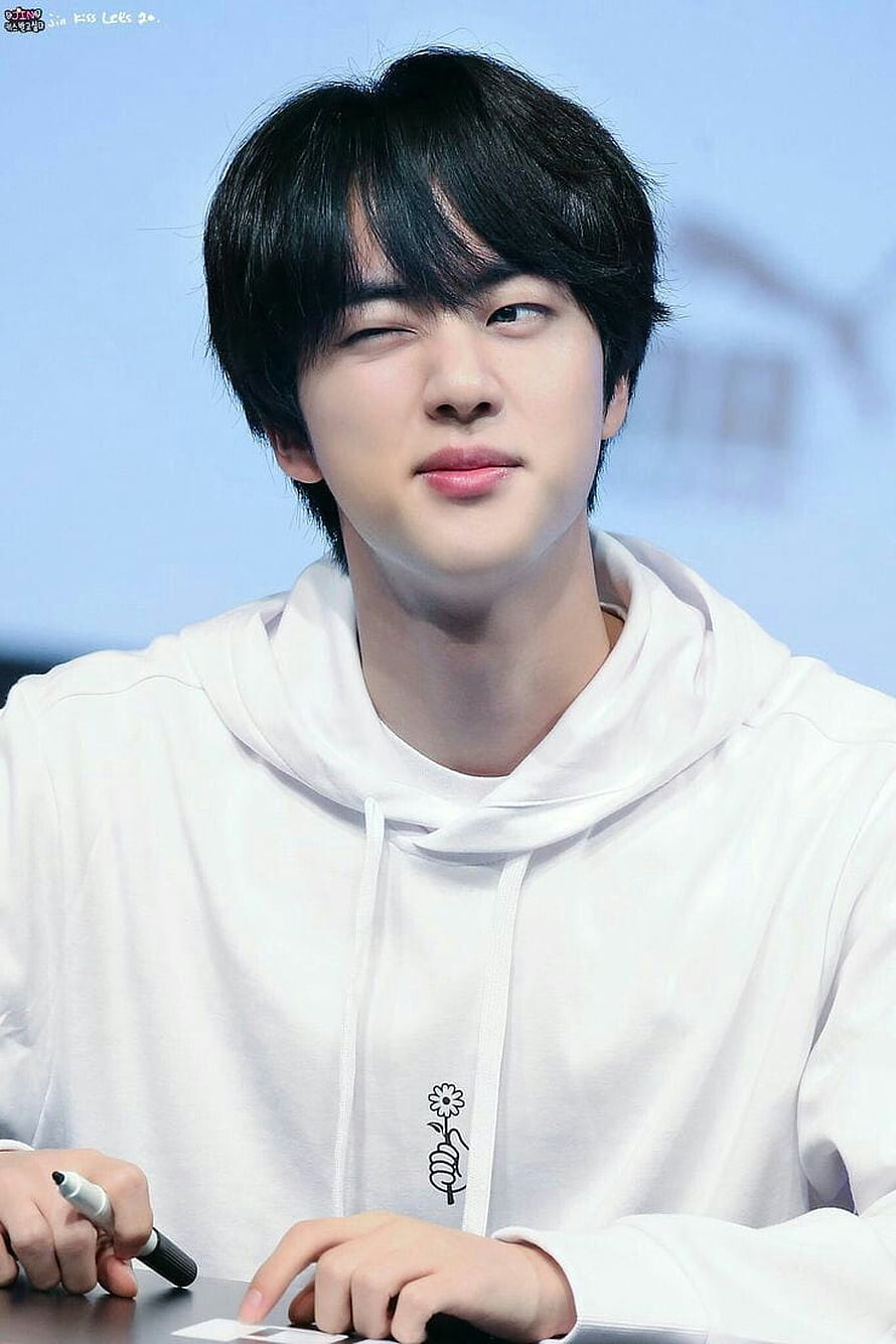 BTS Jin Winking in White Hoodie at Fan Event HD phone wallpaper