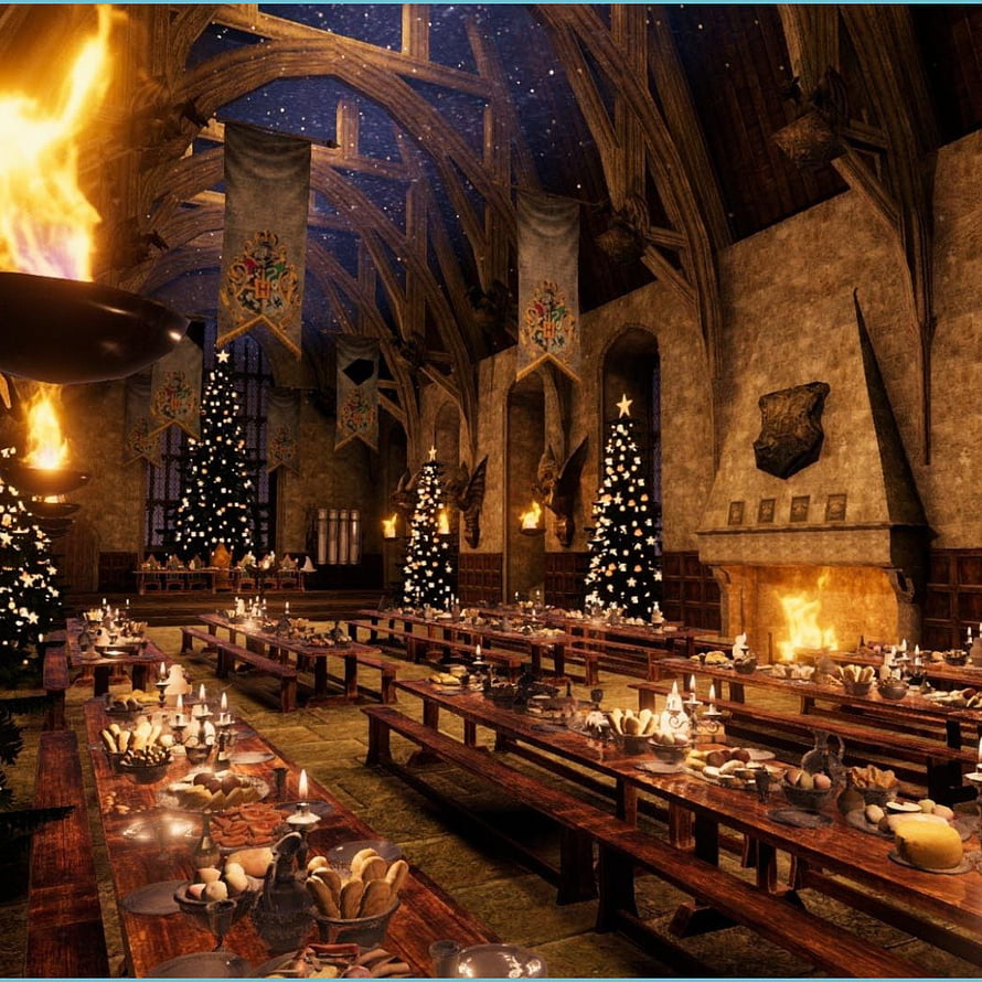 Hogwarts Great Hall Christmas Feast with Decorated Trees and Candles HD phone wallpaper