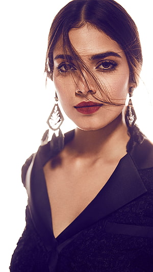 Malavika Mohanan Studio Portrait in Black Blazer with Statement Earrings HD phone wallpaper