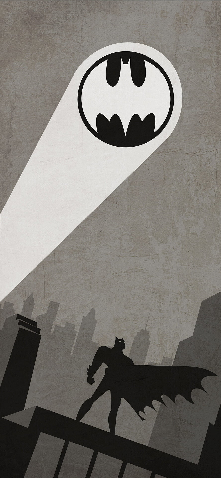 Batman Silhouette on Rooftop with Bat-Signal Beam Over City Skyline in Monochrome Style HD phone wallpaper