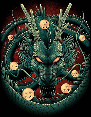 Shenron Dragon Ball Illustration with Glowing Red Eyes and Star Orbs HD phone wallpaper
