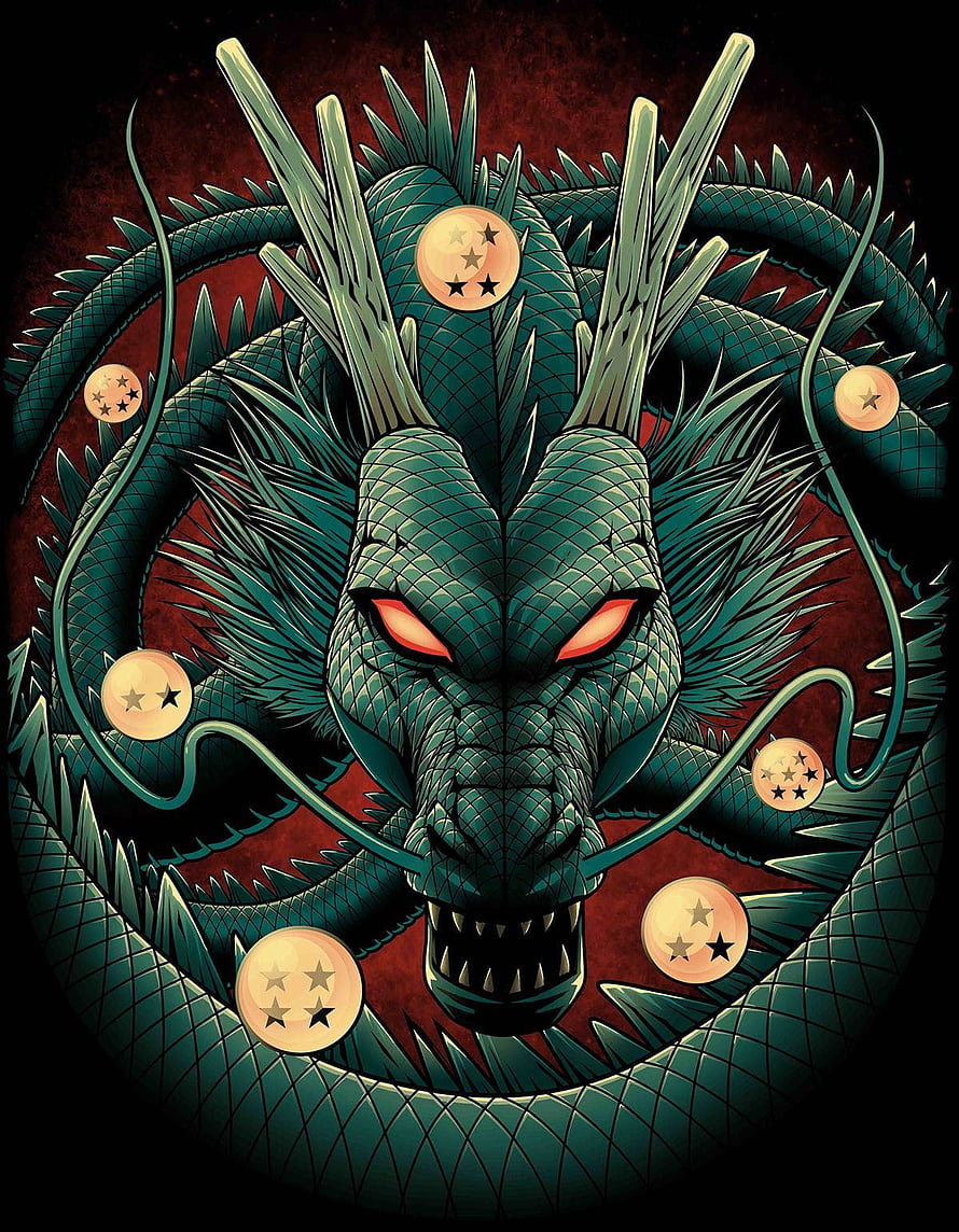 Shenron Dragon Ball Illustration with Glowing Red Eyes and Star Orbs HD phone wallpaper