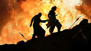 Baahubali 2: The Conclusion Silhouette Scene Amidst Massive Fire Explosion HD wallpaper