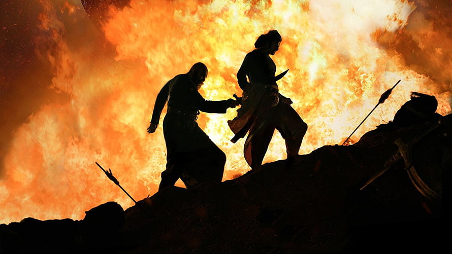 Baahubali 2: The Conclusion Silhouette Scene Amidst Massive Fire Explosion HD wallpaper