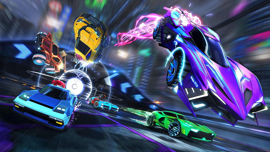 Rocket League Neon Supercar Racing Action Scene With Electric Effects HD wallpaper