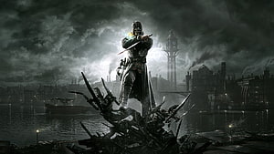 Dishonored 2 Corvo Attano Standing on Mechanical Debris in Dark Industrial City HD wallpaper