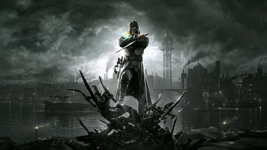 Dishonored 2 Corvo Attano Standing on Mechanical Debris in Dark Industrial City HD wallpaper