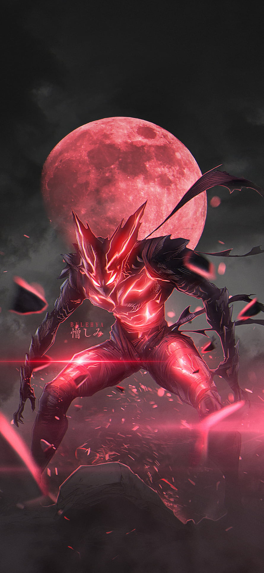 Garo from One Punch Man in Dark Armor Under a Blood Moon HD phone wallpaper