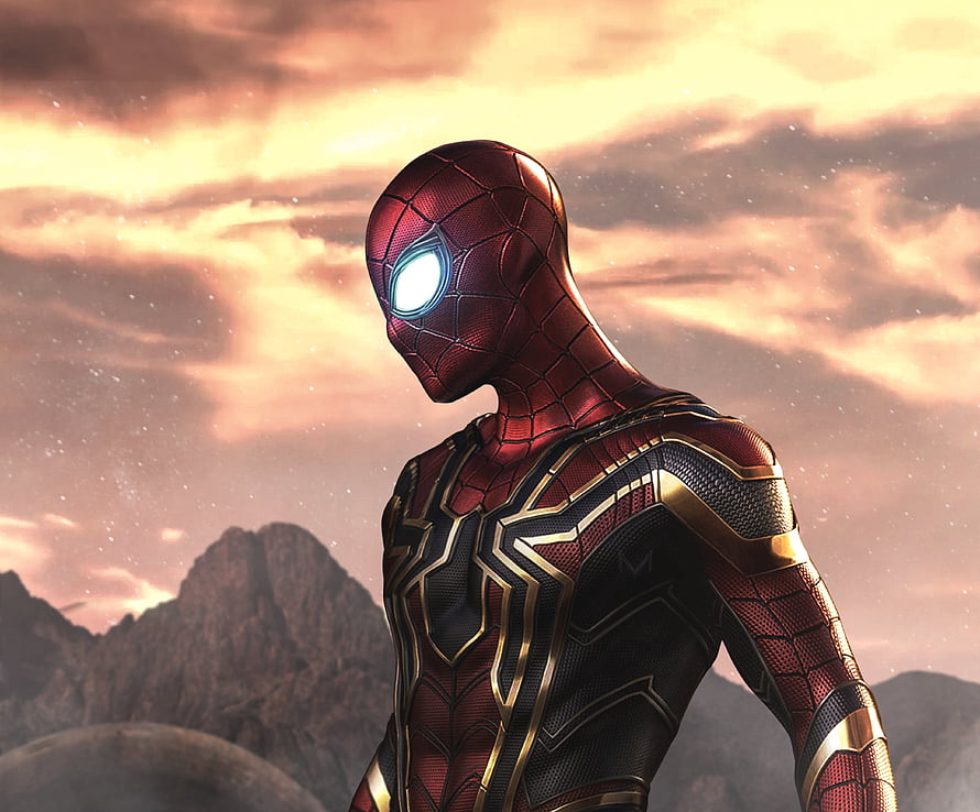 Iron Spider Armor Concept Art with Golden Accents Against a Dramatic Sunset Sky HD wallpaper