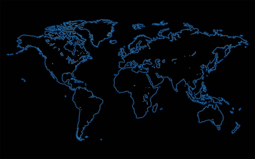 Glowing Blue World Map Outline on Black Background HD wallpaper