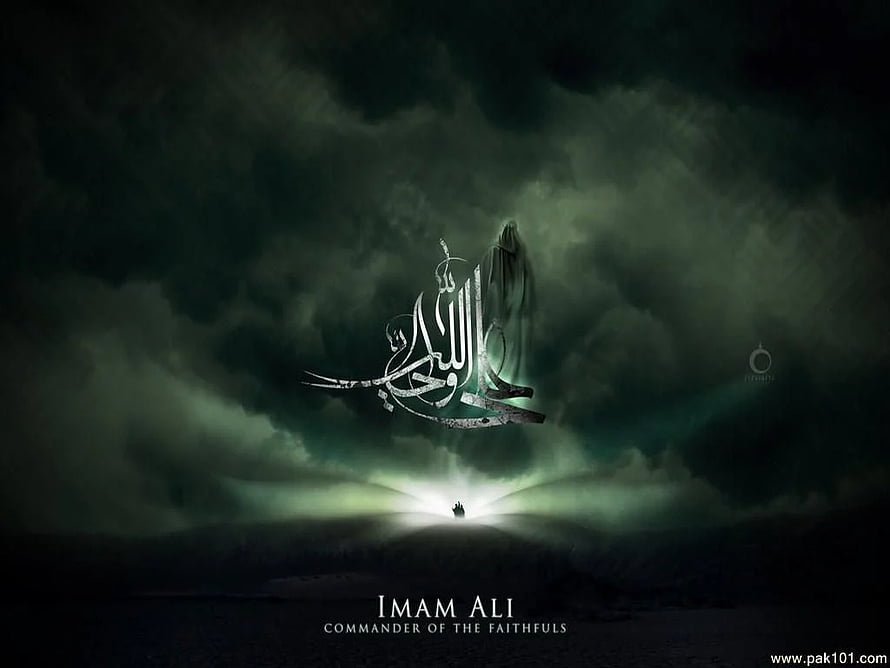 Imam Ali Islamic Calligraphy Artwork with Dramatic Clouds and Light HD wallpaper