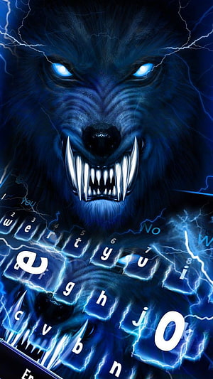 Fierce Blue Lightning Wolf with Glowing Eyes and Electric Keyboard Overlay HD phone wallpaper