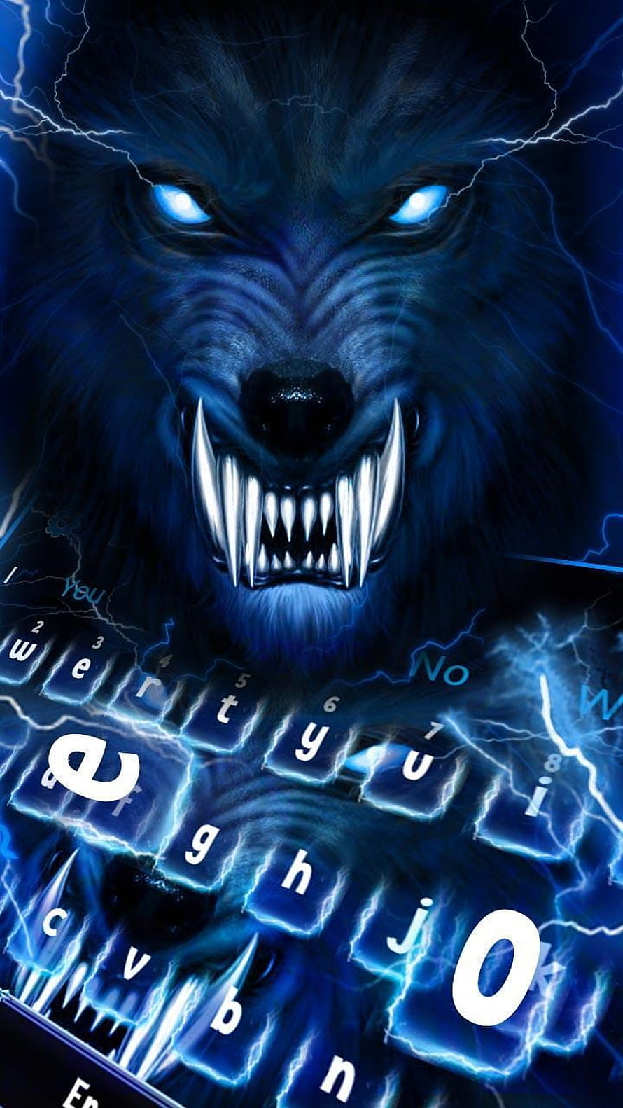 Fierce Blue Lightning Wolf with Glowing Eyes and Electric Keyboard Overlay HD phone wallpaper
