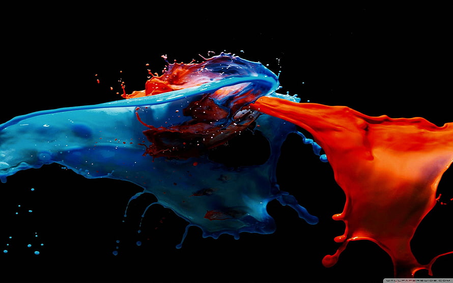 Vibrant Blue and Red Paint Splash Colliding on Black Background HD wallpaper