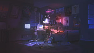 Neon-Lit Retro Bedroom with Vintage Computer and Movie Posters HD wallpaper