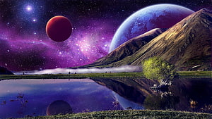 Alien Landscape with Twin Planets, Nebula Sky, and Reflective Lake HD wallpaper