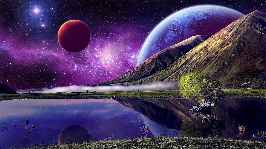 Alien Landscape with Twin Planets, Nebula Sky, and Reflective Lake HD wallpaper