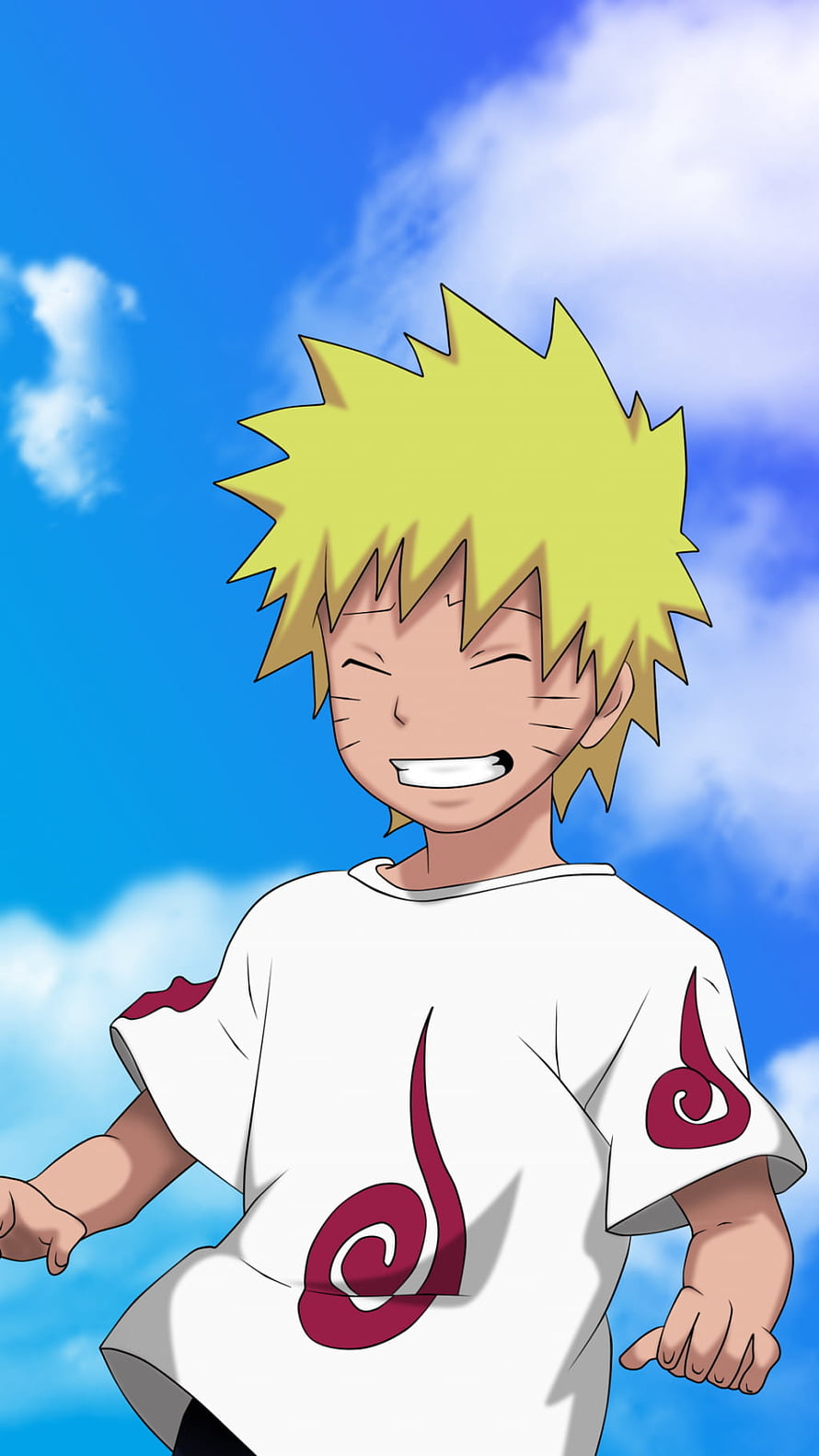 Young Naruto Uzumaki Smiling Under a Bright Blue Sky in White Shirt HD phone wallpaper