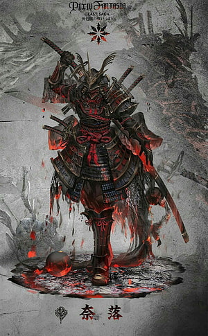 Demon Samurai Warrior in Ornate Black and Red Armor with Glowing Embers HD phone wallpaper