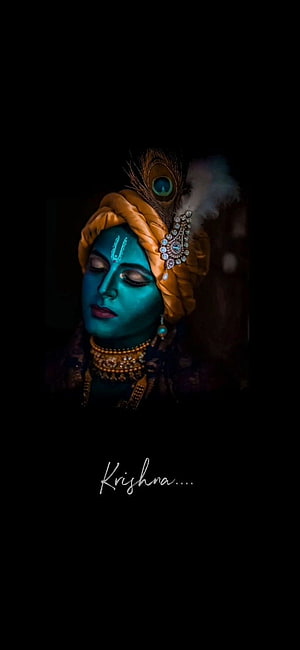 Lord Krishna Portrait with Peacock Feather Crown and Turquoise Skin HD phone wallpaper