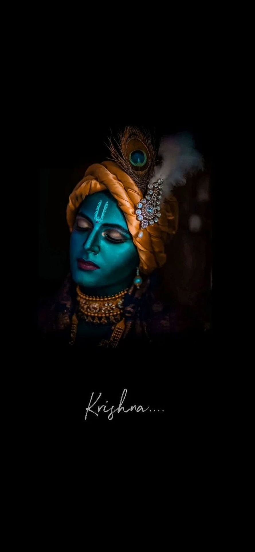 Lord Krishna Portrait with Peacock Feather Crown and Turquoise Skin HD phone wallpaper