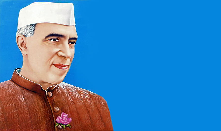 Jawaharlal Nehru Portrait in Brown Bandhgala with White Gandhi Cap on Blue Background HD wallpaper