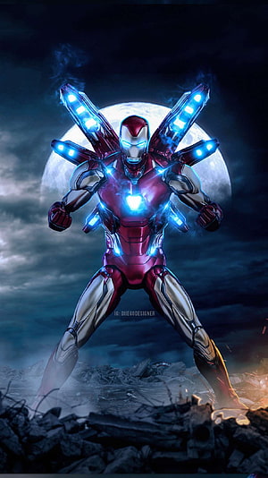 Iron Man Mark 85 Armor with Glowing Blue Repulsors and Wings Against a Full Moon HD phone wallpaper