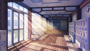 Sunlit Anime School Hallway with Lockers and Large Windows HD wallpaper