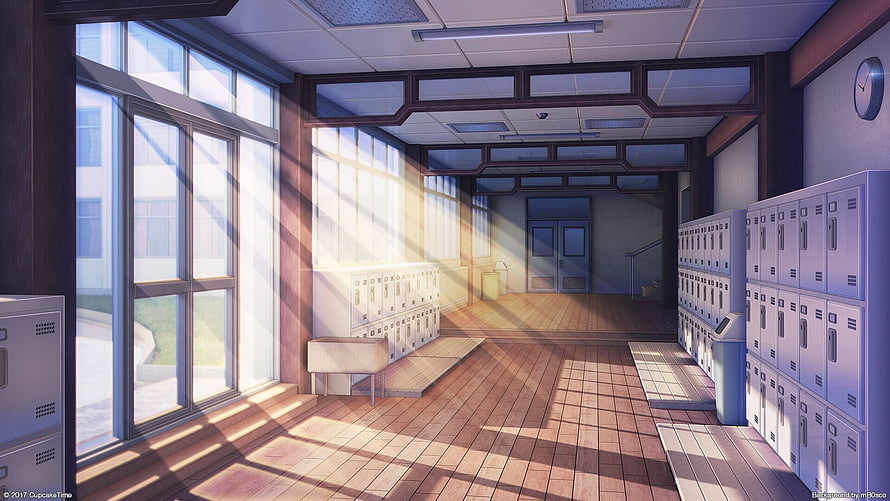 Sunlit Anime School Hallway with Lockers and Large Windows HD wallpaper