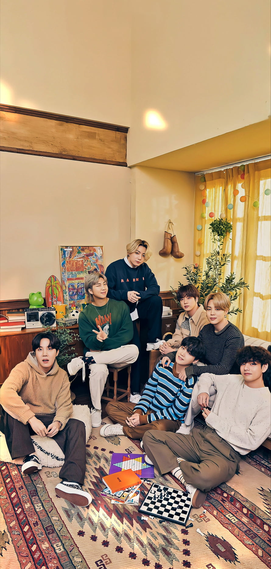 BTS Members Relaxing Together in a Cozy Vintage Living Room with Board Games HD phone wallpaper