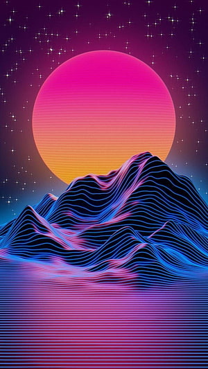 Neon Synthwave Mountain Landscape with Retro Sunset and Starry Night Sky HD phone wallpaper